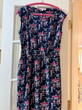 Jude Connally Navy Midi Dress with Pink & White Pagoda Print